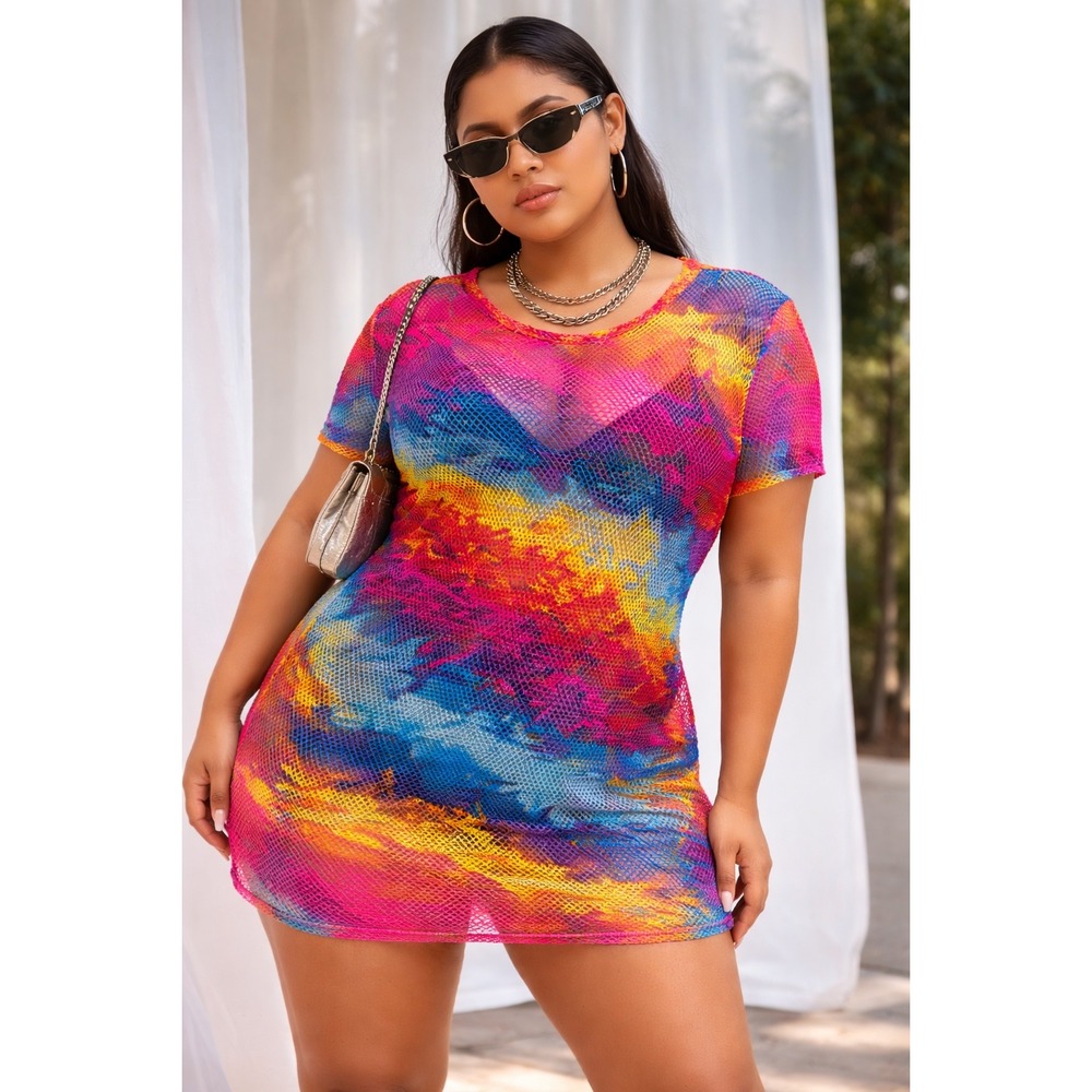 Prologue Collection Y2K Mesh Fishnet Bodycon Dress Tie Dye 2X